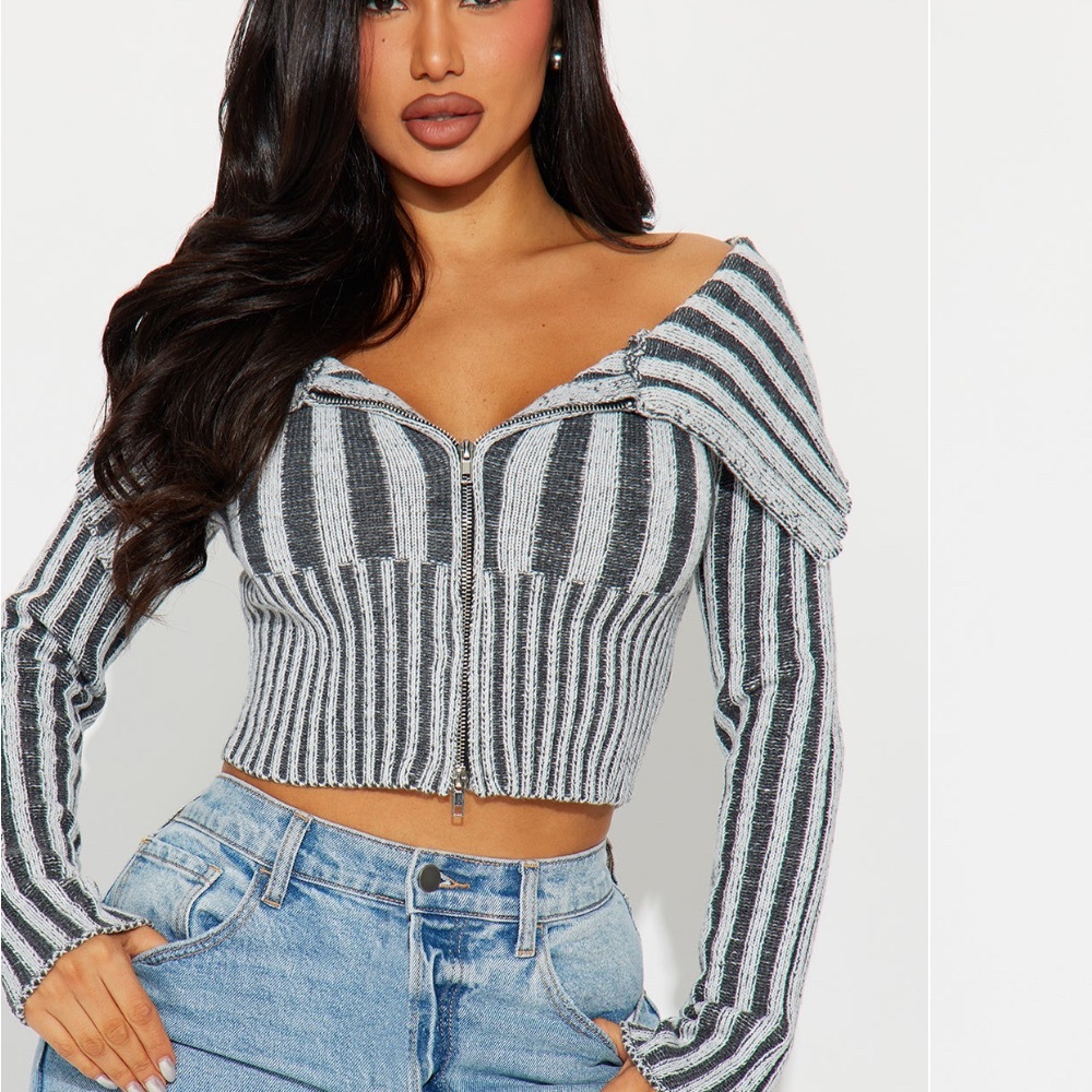 Striped Zip-Up Cropped Sweater